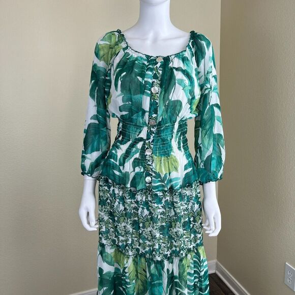 Fig and Flower Women's Size M Green Floral Sheer Smocked Maxi Tiered Dress Boho - Picture 6 of 16